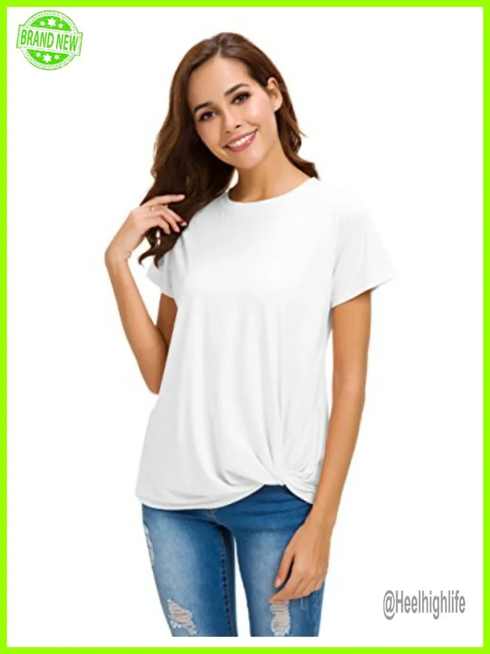 Crew Neck Twist Knot Front Short Sleeve Cotton Blouse